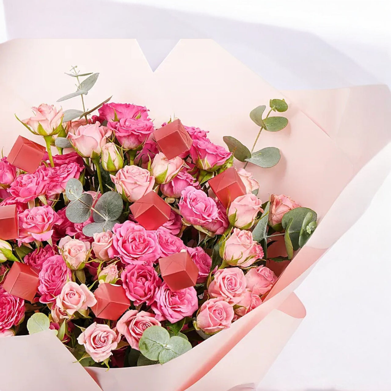 Blushing Pink Spray Roses With Chocolates