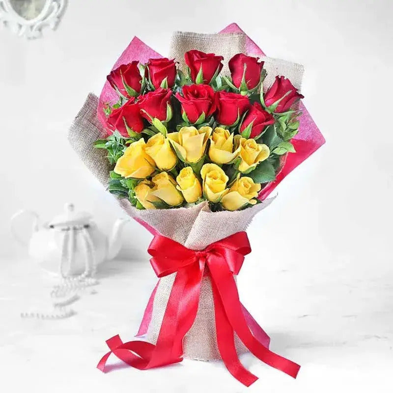 Layered Red & Yellow Roses Bouquet